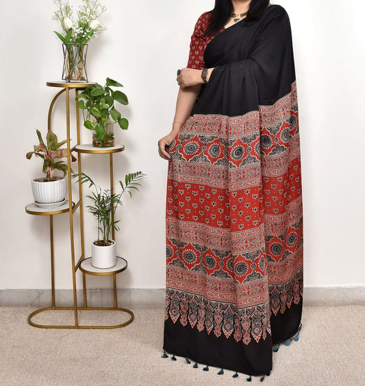 Black And Red Chevron Arrow Ajrakh Modal Silk Saree