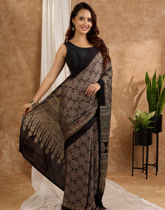 Ajrakh Printed Soft Modal Silk Natural Print Saree