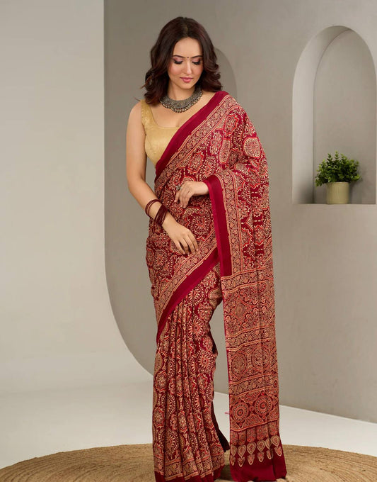 Ajrakh Printed Soft Modal Silk Digital Print Saree