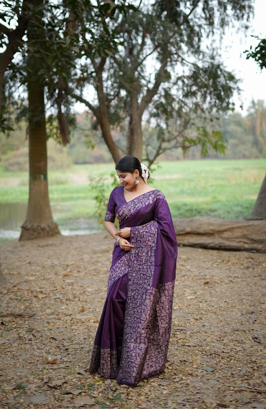 Cosmic WIne Handloom Woven Raw Silk Saree With Blouse Piece