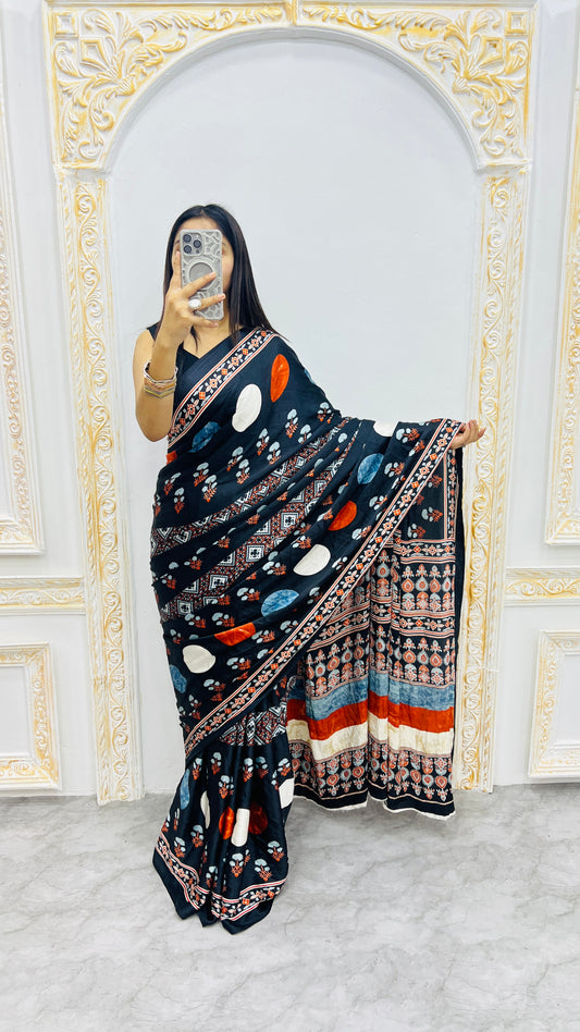 Ajrakh Printed Soft Modal Silk Natural Print Saree