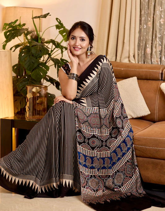 Ajrakh Printed Soft Modal Silk Natural Print Saree