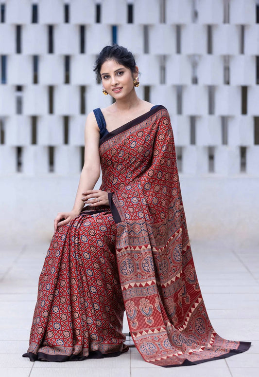Ajrakh Printed Soft Modal Silk Digital Print Saree