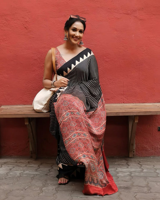 Ajrakh Printed Soft Modal Silk Natural Print Saree