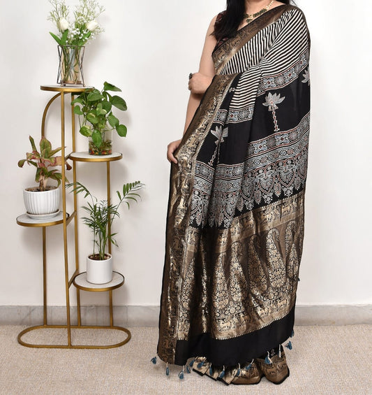 Black Gaji Chevron Arrow Ajrakh Modal Silk Saree