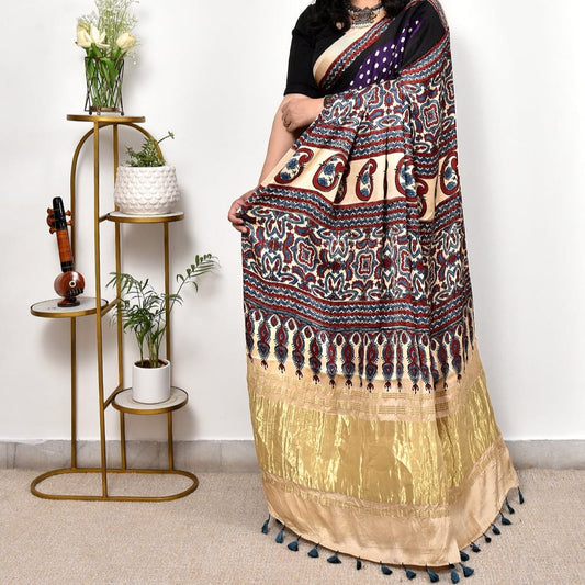 Classic Black Chevron Arrow Ajrakh Modal Silk Saree