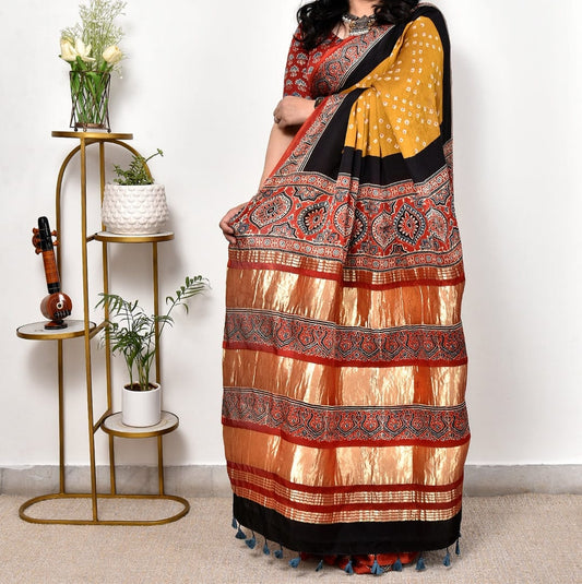 Classic Mustad Yellow Chevron Arrow Ajrakh Modal Silk Saree