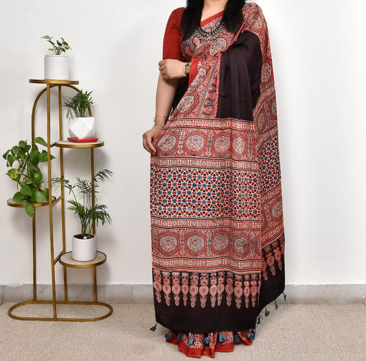 Classic Black And Red Chevron Arrow Ajrakh Modal Silk Saree