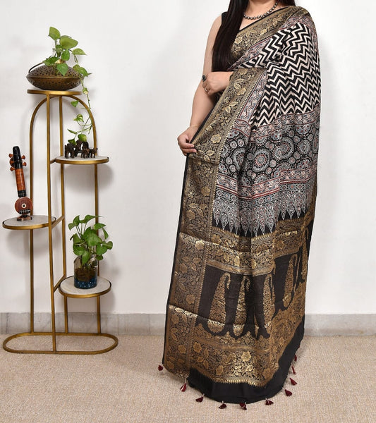 Ajrakh dola silk saree with nakshi zari pallu