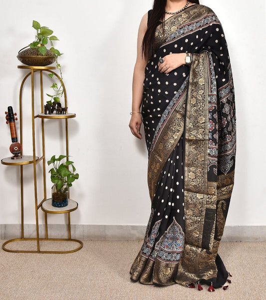 Black Ajrakh dola silk saree with Nakshi Zari Pallu