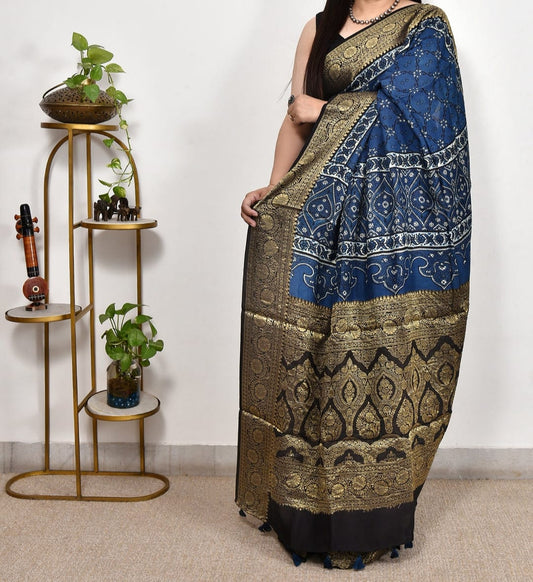 Blue Ajrakh dola silk saree with Nakshi Zari Pallu
