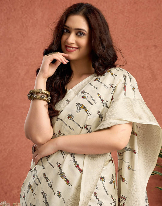 Off White Silk Warli Printed Saree