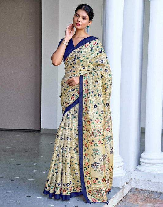 Beige Cotton Blend Printed Saree