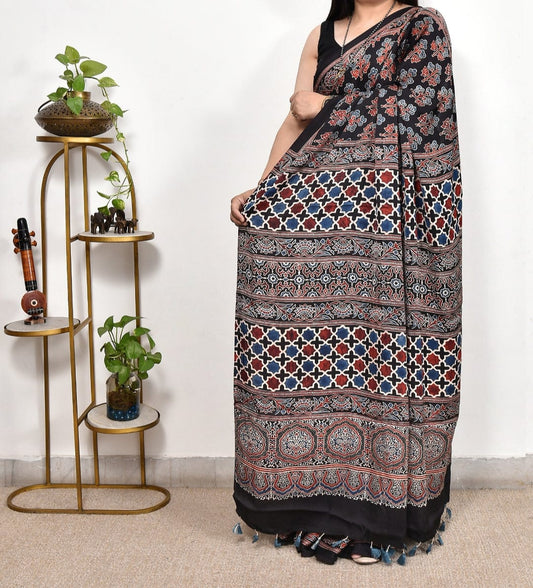Black Ajrakh dola silk saree with Nakshi Zari Pallu