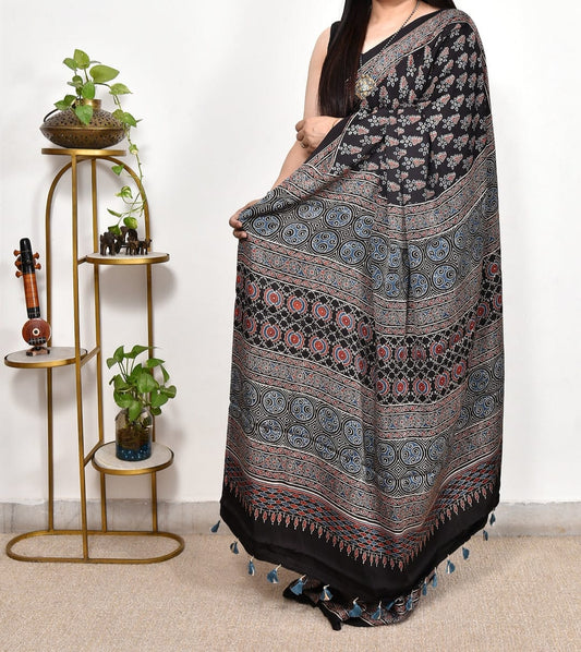 Black Printed Ajrakh dola silk saree