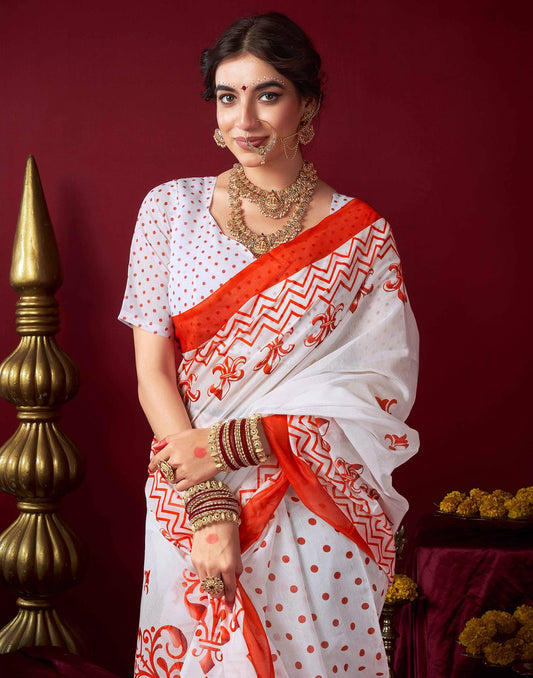 Off White Chanderi Printed Durga Puja Saree