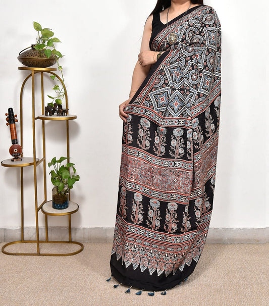 Black Printed Ajrakh dola silk saree