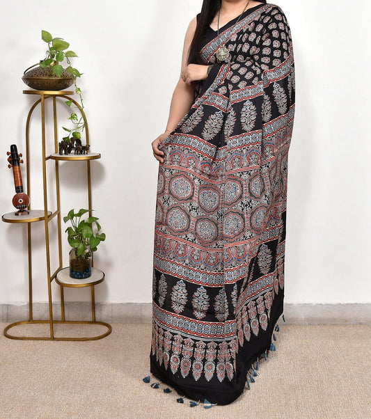 Black Printed Ajrakh dola silk saree