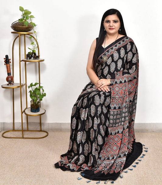 Black Printed Ajrakh dola silk saree
