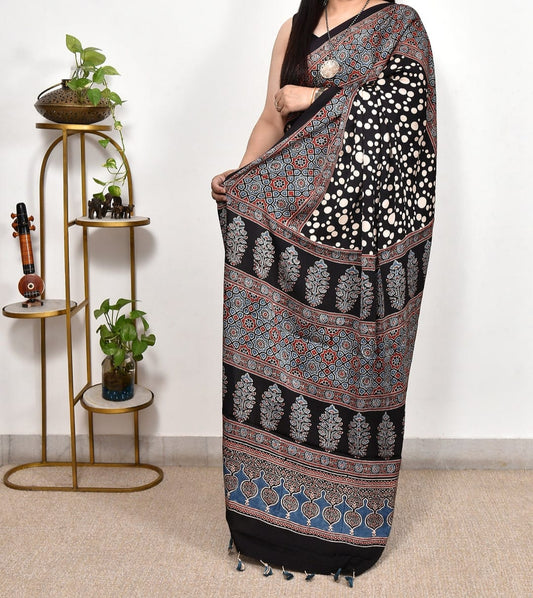 Black Printed Ajrakh dola silk saree