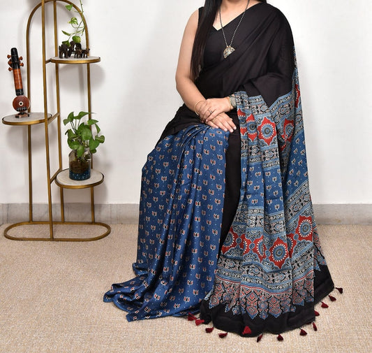 Black And Blue Printed Ajrakh dola silk saree