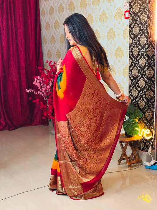 Green Banarasi 3D Royal Bandhani Saree