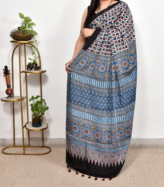 Black And Blue Combination Printed Ajrakh dola silk saree