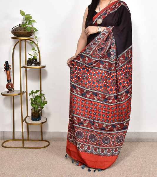 Black And Red Printed Ajrakh dola silk saree