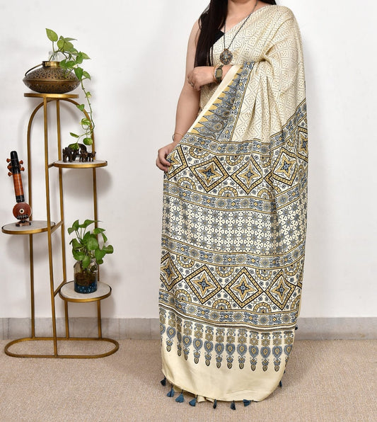 Cream Printed Ajrakh dola silk saree