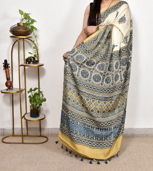 Cream And Blue Combinate Printed Ajrakh dola silk saree