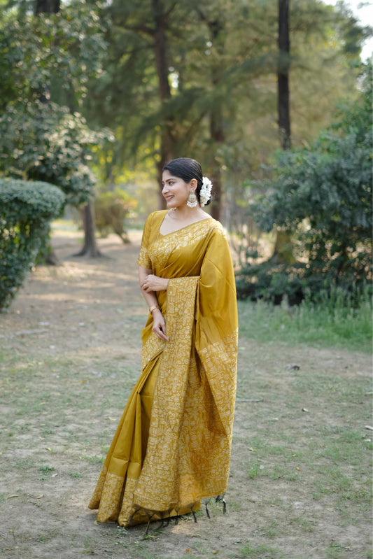 Mustard Yellow Handloom Woven Raw Silk Saree With Blouse Piece