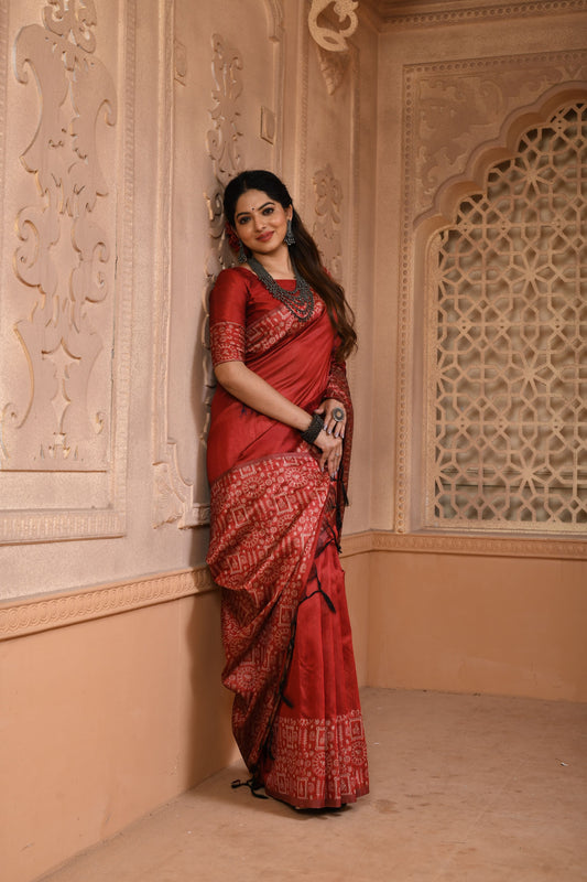 Carmine Maroon Handloom Banarasi Raw Soft Silk Saree