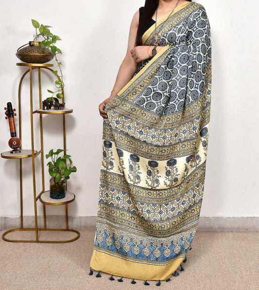 Blue Printed Ajrakh dola silk saree