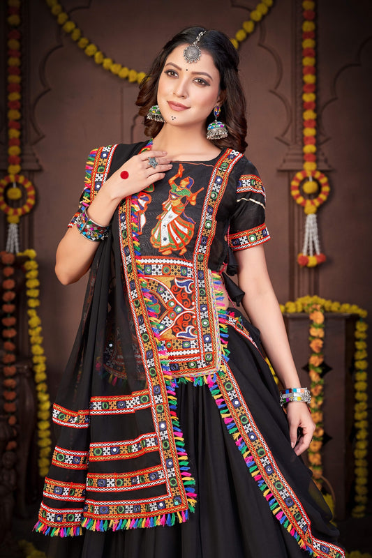 Black Georgette Navratri Lehenga Choli with Traditional Kutchi Embroidery & Real Mirror Work
