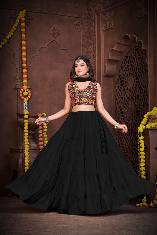 Black French Crape Navratri Lehenga Choli with Traditional Kutchi Embroidery & Mirror Work