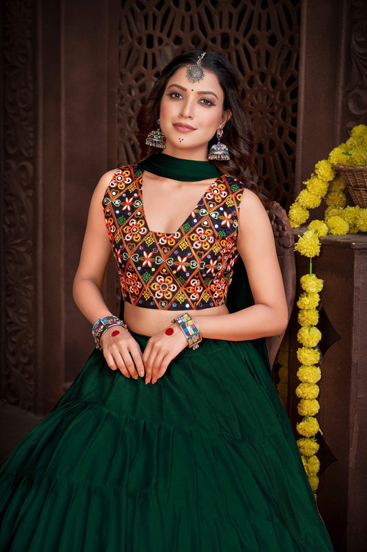 Bottle Green French Crape Navratri Lehenga Choli with Traditional Kutchi Embroidery & Mirror Work