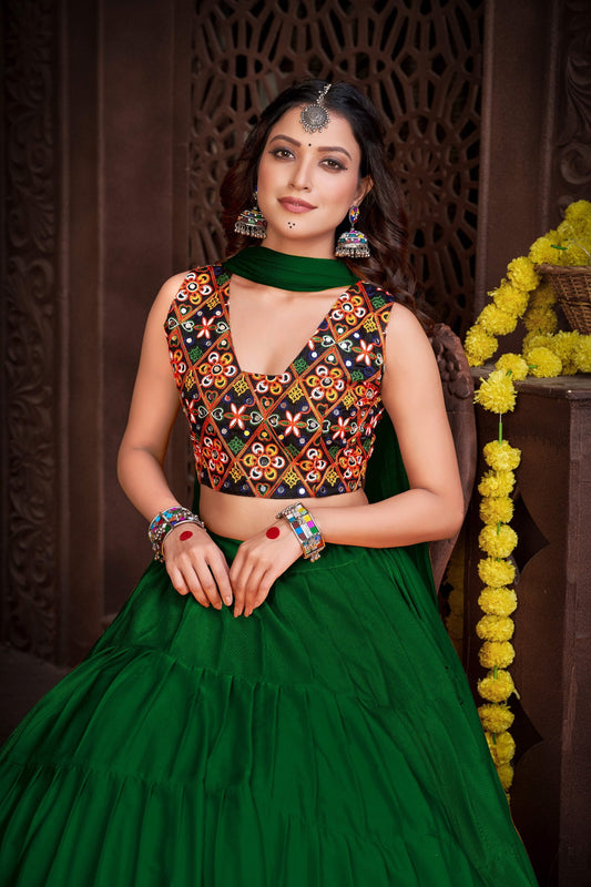 Dark Green French Crape Navratri Lehenga Choli with Traditional Kutchi Embroidery & Mirror Work