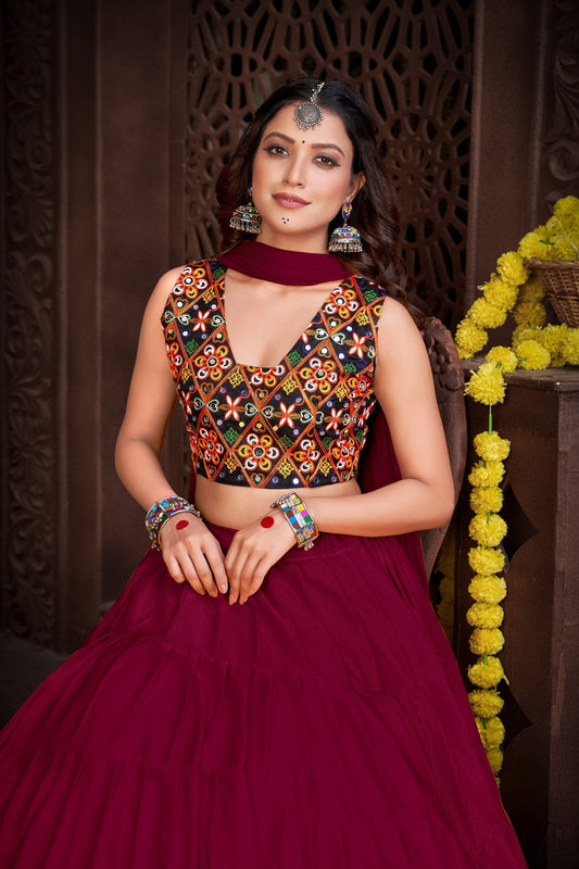 Maroon French Crape Navratri Lehenga Choli with Traditional Kutchi Embroidery & Mirror Work