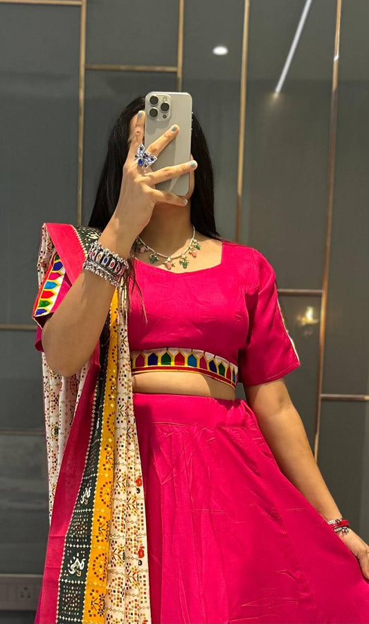 Pink Pure Reyon Cotton Beautiful Designer Gamthi Embroidery Work Navratri Lehenga Choli