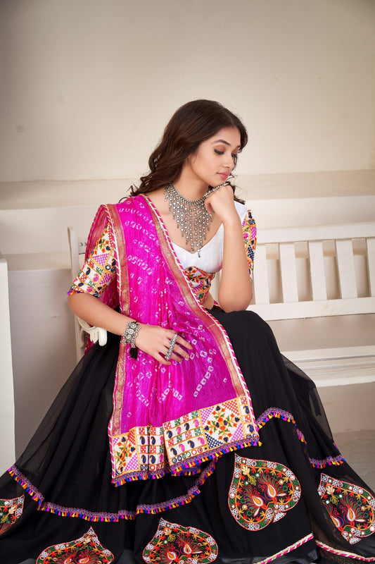 Black Georgette Traditional Kutchi Embroidered Navratri Lehenga Choli with Bandhani Dupatta