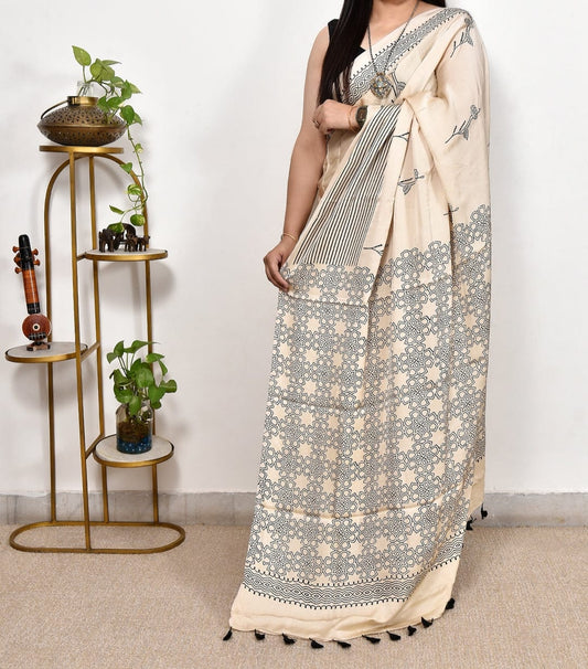 Cream Printed Ajrakh dola silk saree