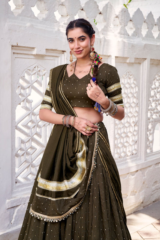 Mehendi Pure Chanderi Zari Weaving Work With Embossed Design Lace Work Navratri Lehenga