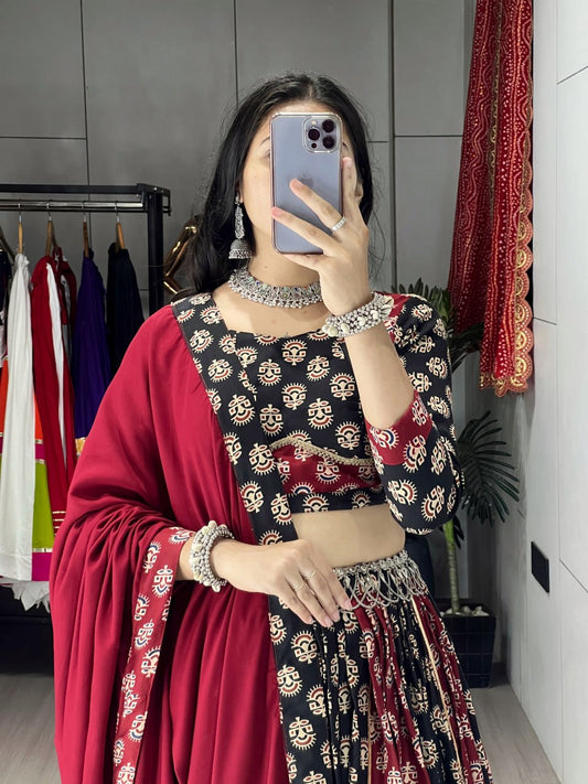 Black & Maroon Navratri Lehenga Choli - Pure Rayon Cotton Ajrakh Print Kali with Gota Patti Border