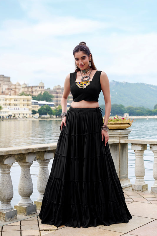 Black Pure Rayon Plain Stitched Navratri Lehenga Choli