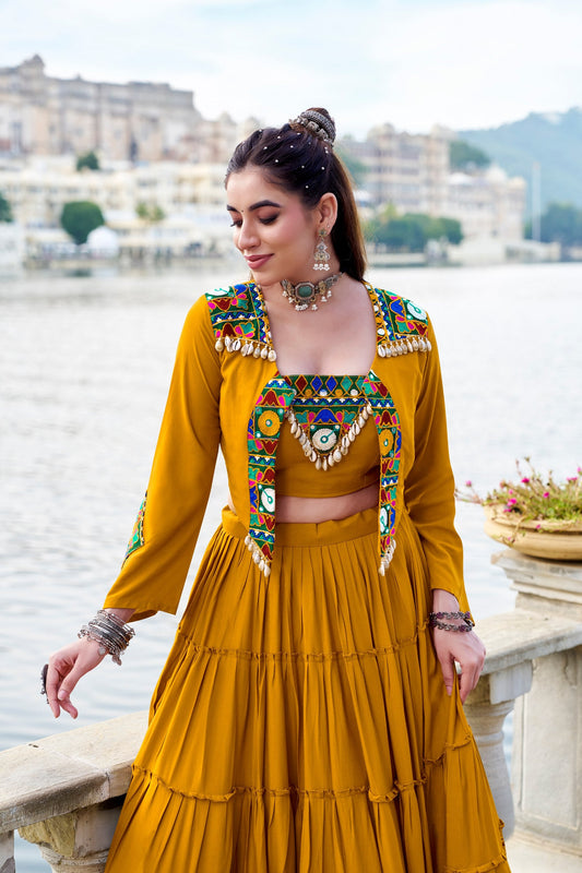 Musterd Pure Rayon Plain Stitched Navratri Lehenga Choli