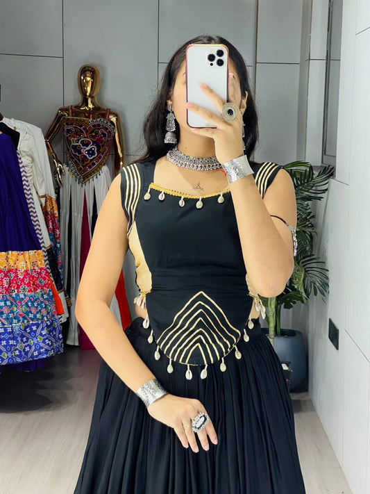 Black Pure Rayon Cotton Gamthi With Real Mirror Work Navratri Lehenga Choli