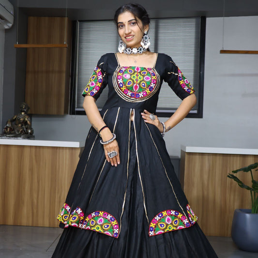 Black Designer Navratri Lehenga Choli - Pure Rayon Cotton with Kutchi Patch Embroidery & Golden Zari Border