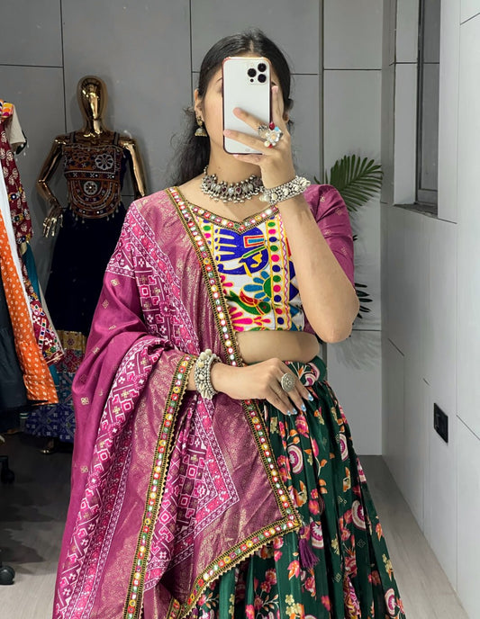 Green & Wine Designer Navratri Lehenga Choli - Dola Silk Floral Print with Traditional Kutchi Work Border