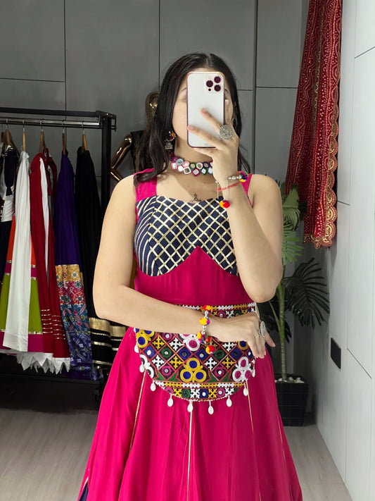 Gajri And Navy Blue Pure Rayon Cotton Fancy Kali Work Navratri Lehenga Choli