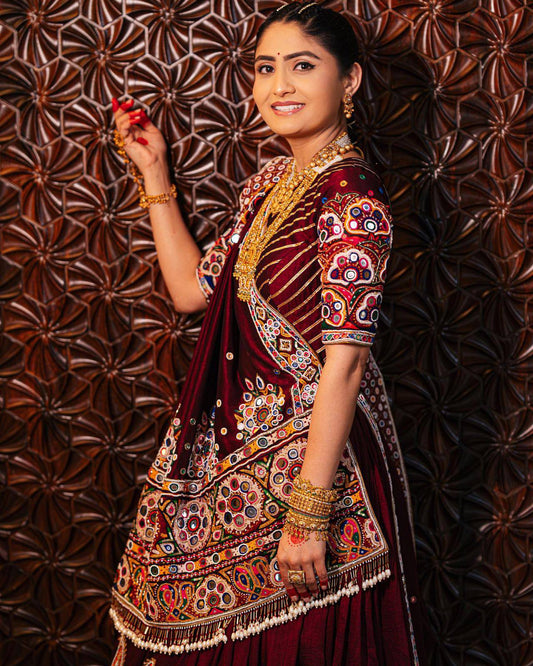 Maroon & Orange Navratri Chaniya Choli - Heavy Muslin Cotton with Real Mirror Work & Digital Print